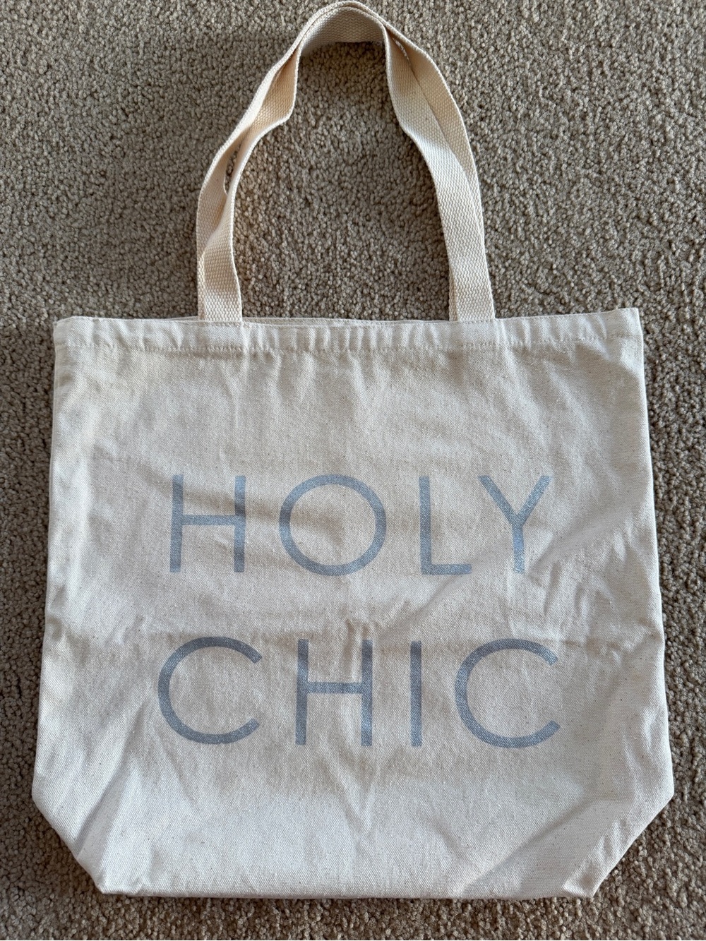 Old Navy Cream Canvas 'HOLY CHIC' Tote with Light Gray Lettering NWOT